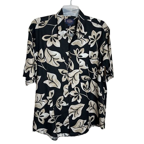 Kenneth Gordon Men's Shirt size L Hawaiian Print Short Sleeve Black and Tan - Picture 1 of 13